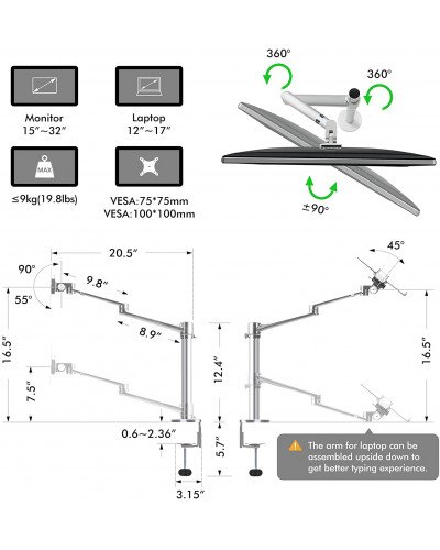 Aluminum Height Adjustable Desktop Dual Arm 17-32 inch Monitor Holder+12-17 inch Laptop Holder Stand OL-3L Full Motion Mount Arm