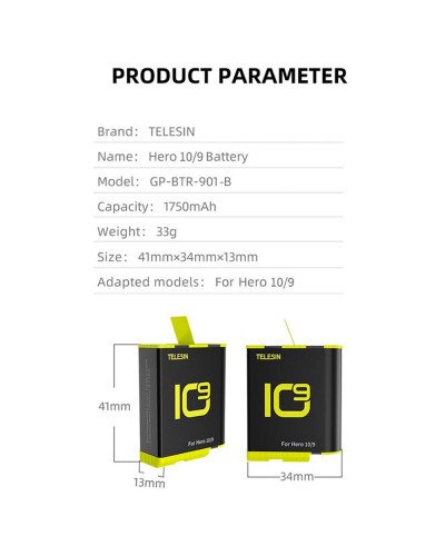 TELESIN Battery for GoPro Hero 12/11/10/9 Black Camera Battery TELESIN Battery for GoPro Hero 12/11/10/9 Black Camera Battery