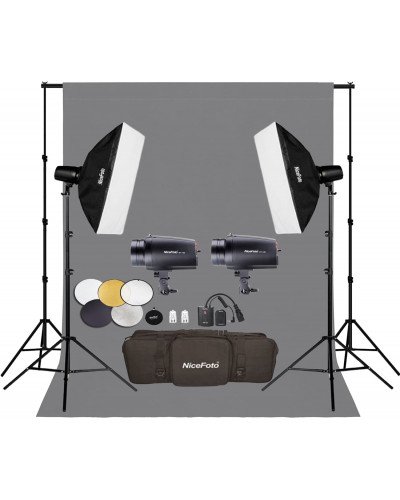 NiceFoto GY-180 2-Mini Studio Flash With Grey Background And Backdrop Stand