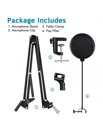 Microphone Boom Arm Studio Podcast Mic Stand+Clamp+Pop Filter