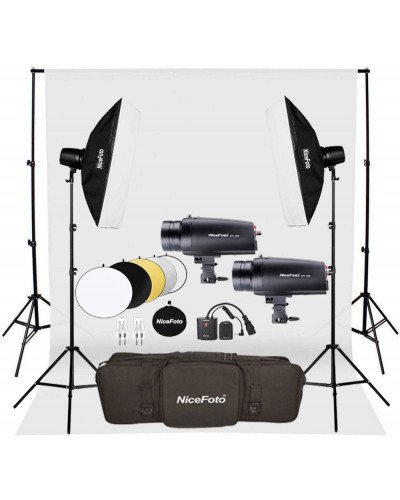 NiceFoto GY-180 2-Mini Studio Flash With White Background And Backdrop Stand