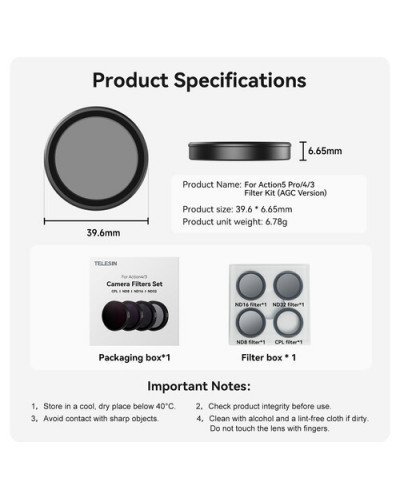TELESIN CPL|ND8|ND16|ND32 Camera Filter Set for DJI ACTION 3/4/5 Pro TELESIN CPL|ND8|ND16|ND32 Camera Filter Set for DJI ACTION 3/4/5 Pro