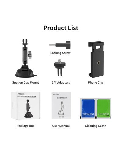 TELESIN Aluminum Alloy Camera Suction Cup Mount With Phone Clip TELESIN Aluminum Alloy Camera Suction Cup Mount With Phone Clip