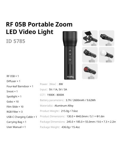 SmallRig RF 05B Portable Zoom LED Video Light CRI 96+ 1900K-8000K OLED Display Creative Spotlight