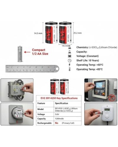 EVE ER 14250 Lithium Thionyl Chloride Battery 1/2 AA Size 3.6V 1200mAh for Utility Metres and Security Systems