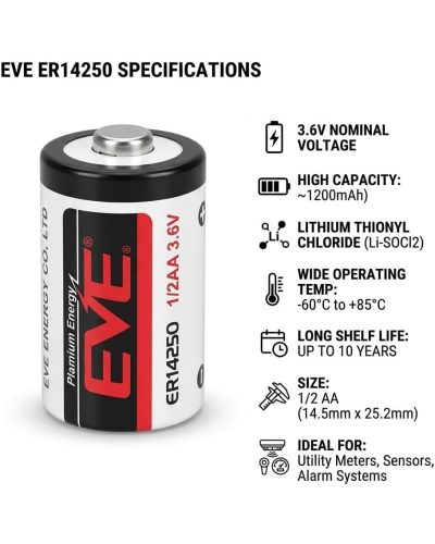 EVE ER 14250 Lithium Thionyl Chloride Battery 1/2 AA Size 3.6V 1200mAh for Utility Metres and Security Systems