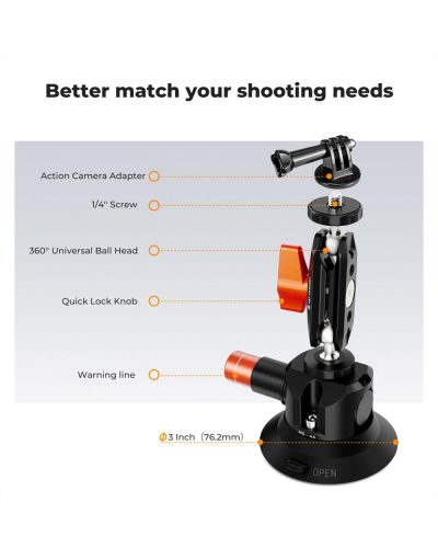K&F Concept 3-Inch Suction Cup Mount with Double Ball Head Magic Arm 1/4-Inch Screw for Car & Action Camera