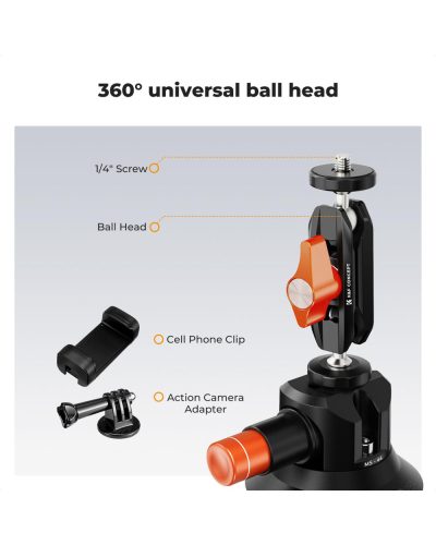K&F Concept 3-Inch Suction Cup Mount with Double Ball Head Magic Arm 1/4-Inch Screw for Car & Action Camera