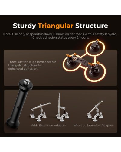 K&F Concept Triple Suction Cup Car Mount Kit with Extension Pole & Phone Holder for Action Camera